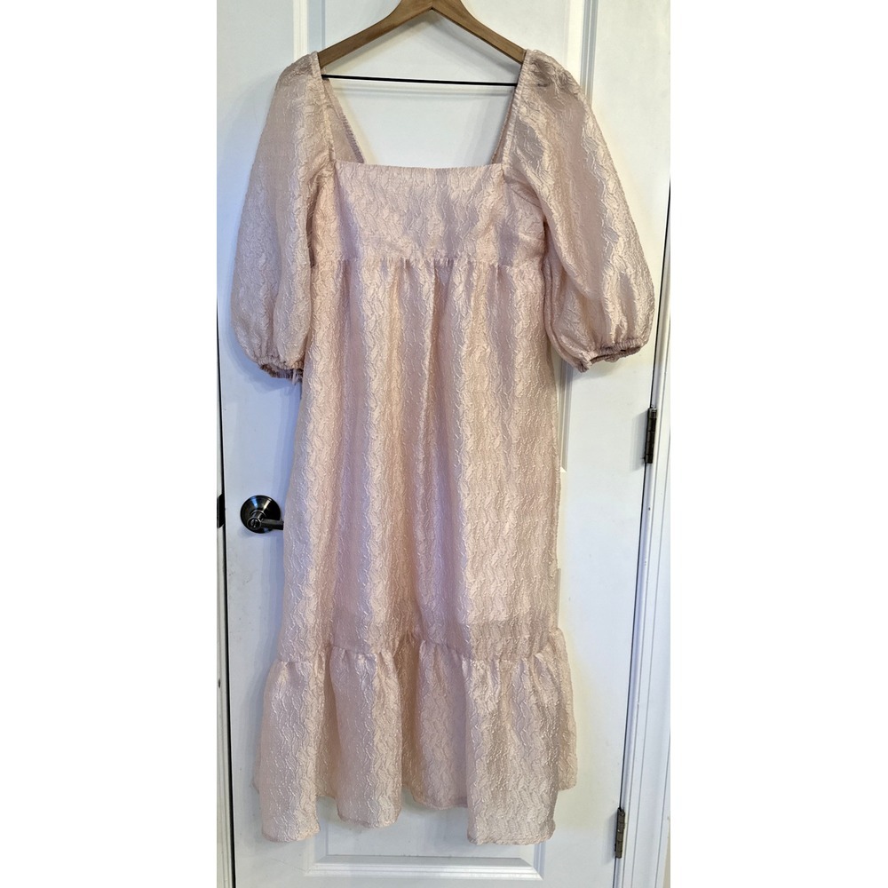ANTHROPOLOGIE Women Size Small Textured Puff Sleeve Baby Doll Midi Dress Pink - Picture 3 of 14